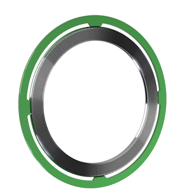 A green and silver ring with a white background