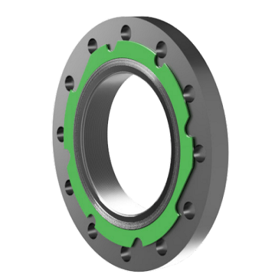 A green ring is on the side of a gray metal object.